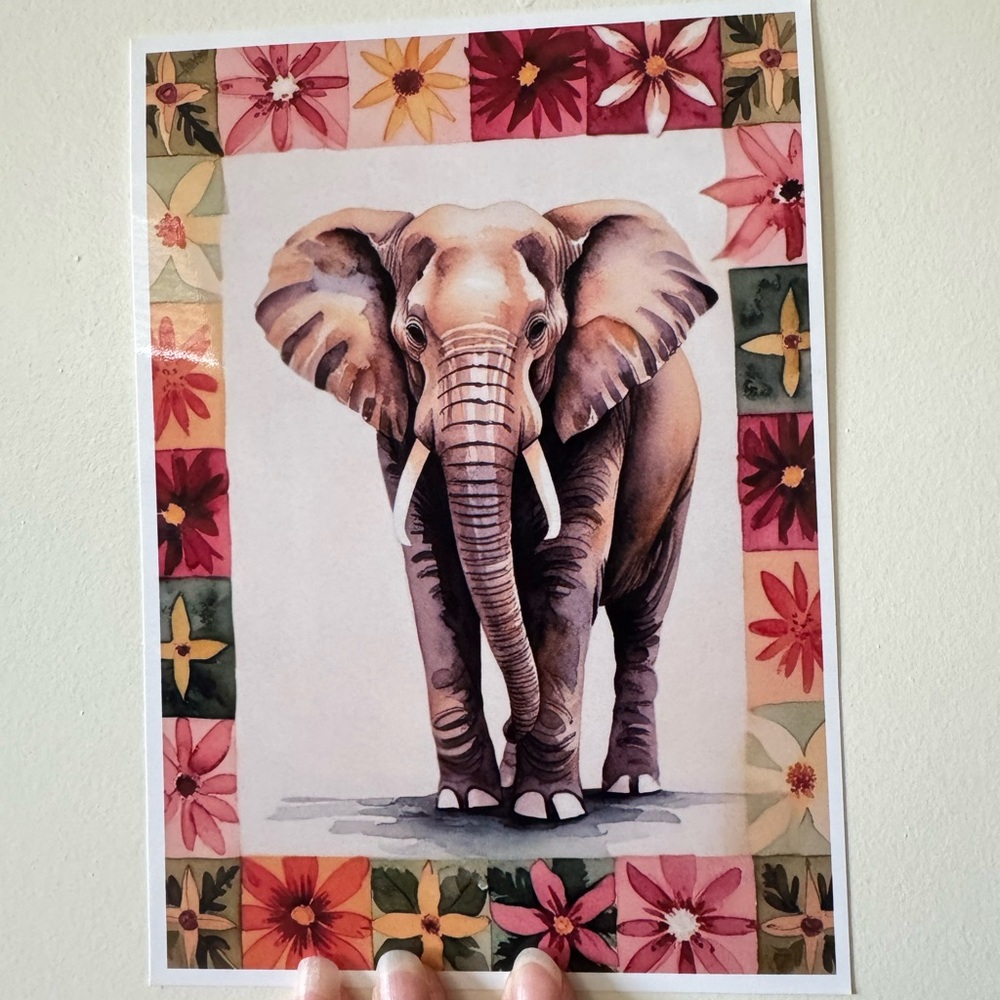 5x7" Vibrant Elephant Art Print with Floral Accents-unframed